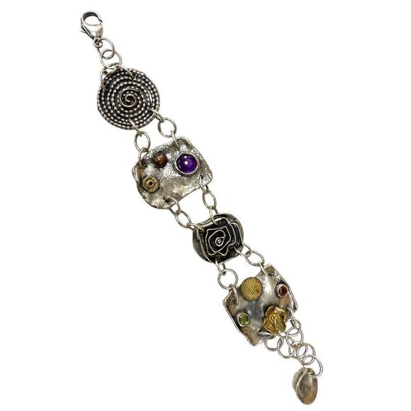 VTG Estate Sherry Tinsman Sterling Silver Bracelet W/ Amethyst & Amber Stones - Picture 1 of 7